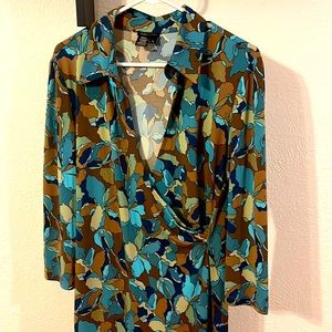 BCBGMAXAZRIA Dress Midi Retro Blue Brown Floral Size Large